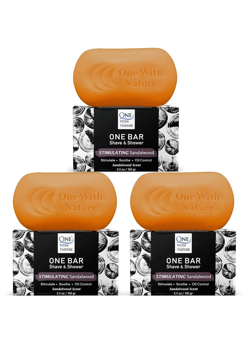 ONE WITH NATURE - ONE Bar Stimulating Sandalwood 3.5 oz 3 Pack - Shave, Shower, Shampoo, face, beard, body, hair/scalp, SuperFAT “oil” Infused: Avocado, Mango, Olive, Coconut, Argan Oil, Moisturizing. - Image 1