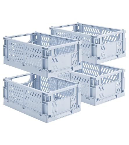 HUUSMOT 4Pack Small Pastel Plastic Storage Baskets Collapsible Crates for Organizing SpaceSaving Mini Bins for Classroom Kitchen Office Bedroom Blue 98 x 65 x 38 - Image 1