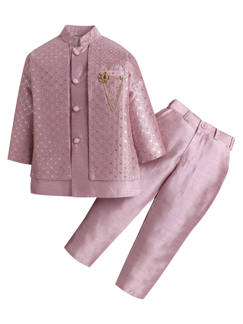 AHHAAAA Boy's Ethnic Cotton Silk Blend Nehru Modi Jacket Kurta & Pyjama Set for Boys|Sequin Embellished Ethnic Set|Ideal for any Festivals/Weddings Occasion|Pink, 9-10 Years| - Image 1