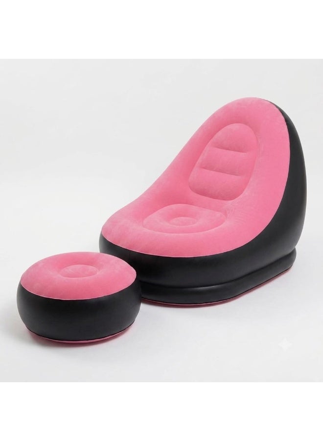 Inflatable Chair and Footrest Set (2 Pieces) - Velvet Lounge Sofa for Living Room, Camping, Beach - Multicolor (With Blower Gift) (Pink) - Image 1