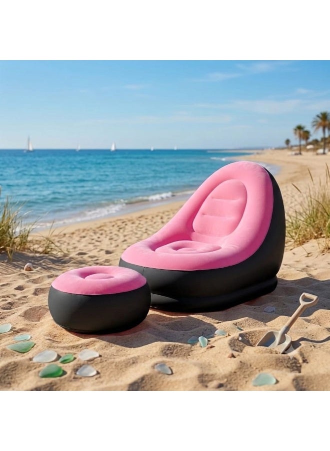 Inflatable Chair and Footrest Set (2 Pieces) - Velvet Lounge Sofa for Living Room, Camping, Beach - Multicolor (With Blower Gift) (Pink) - Image 3