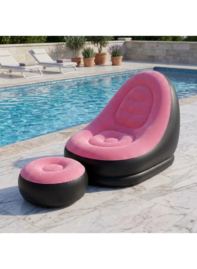 Inflatable Chair and Footrest Set (2 Pieces) - Velvet Lounge Sofa for Living Room, Camping, Beach - Multicolor (With Blower Gift) (Pink) - Image 2