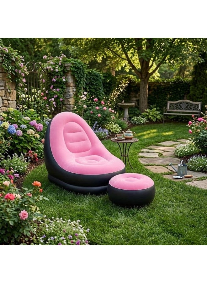 Inflatable Chair and Footrest Set (2 Pieces) - Velvet Lounge Sofa for Living Room, Camping, Beach - Multicolor (With Blower Gift) (Pink) - Image 4
