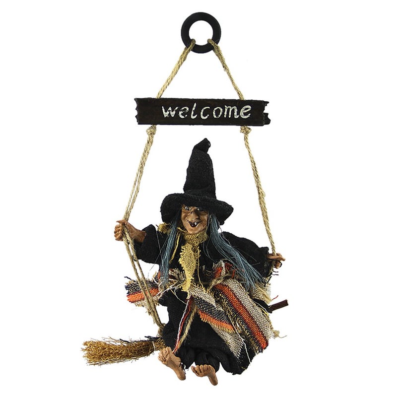 Halloween Wall Door Porch Tree Decoration Props Hanging Swing Witch on Broom w Welcome Wood Plaque Ornaments for Role Play Coven PartyBarHaunted HouseIndoor and Outdoor Decor