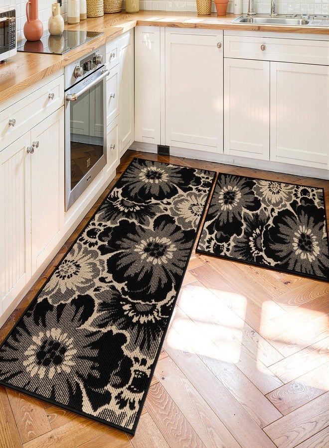 Findosom Washable Kitchen Rug Set of 2, Non Slip High-Low Textured Floral Hallway Runner Rug with Rubber Backing, Boho Carpet Runner for Kitchen, Entryway, Bedroom, Laundry, Black & Beige - Image 4
