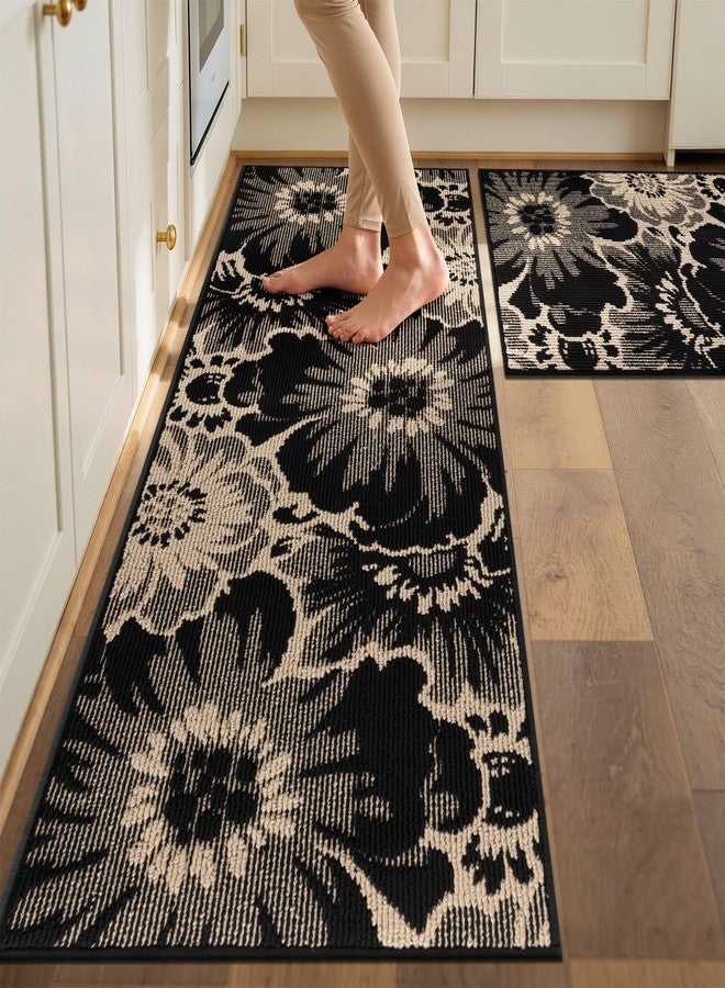 Findosom Washable Kitchen Rug Set of 2, Non Slip High-Low Textured Floral Hallway Runner Rug with Rubber Backing, Boho Carpet Runner for Kitchen, Entryway, Bedroom, Laundry, Black & Beige - Image 2