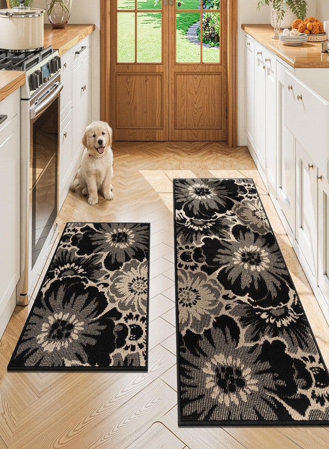 Findosom Washable Kitchen Rug Set of 2, Non Slip High-Low Textured Floral Hallway Runner Rug with Rubber Backing, Boho Carpet Runner for Kitchen, Entryway, Bedroom, Laundry, Black & Beige - Image 1