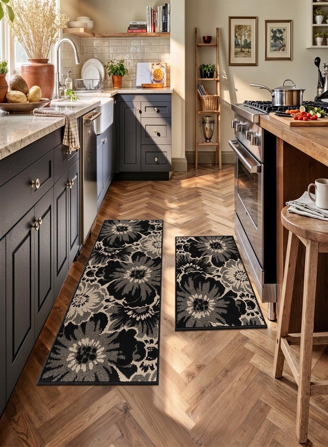 Findosom Washable Kitchen Rug Set of 2, Non Slip High-Low Textured Floral Hallway Runner Rug with Rubber Backing, Boho Carpet Runner for Kitchen, Entryway, Bedroom, Laundry, Black & Beige - Image 3