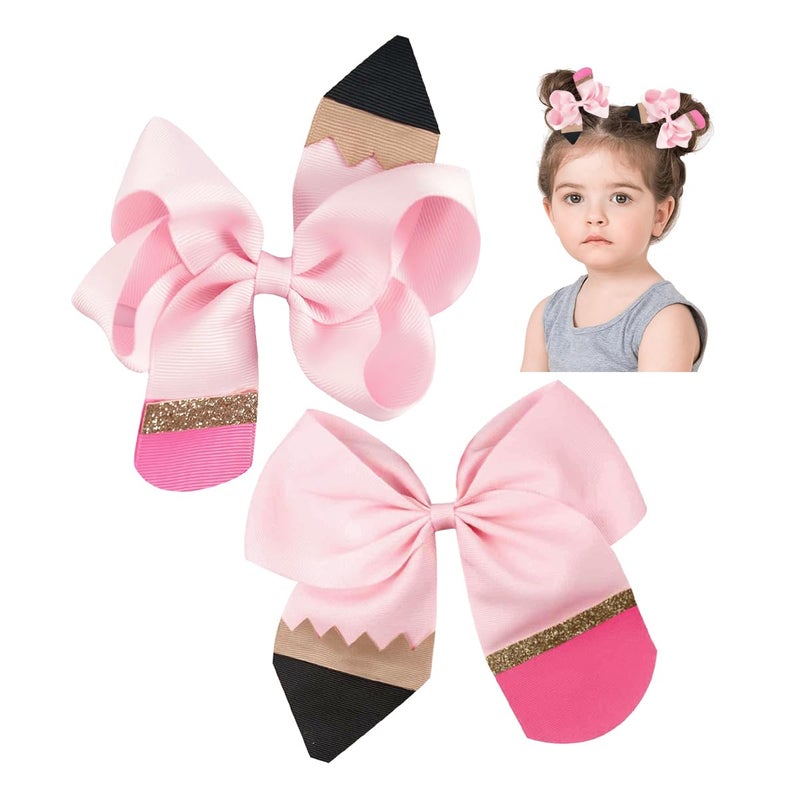 Aaiffey 4 Pcs Back to School Hair Bows Clips for Girls Students Toddlers Pencil Style Hair Accessories Pink Set - Image 2