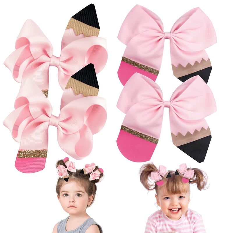 Aaiffey 4 Pcs Back to School Hair Bows Clips for Girls Students Toddlers Pencil Style Hair Accessories Pink Set - Image 1
