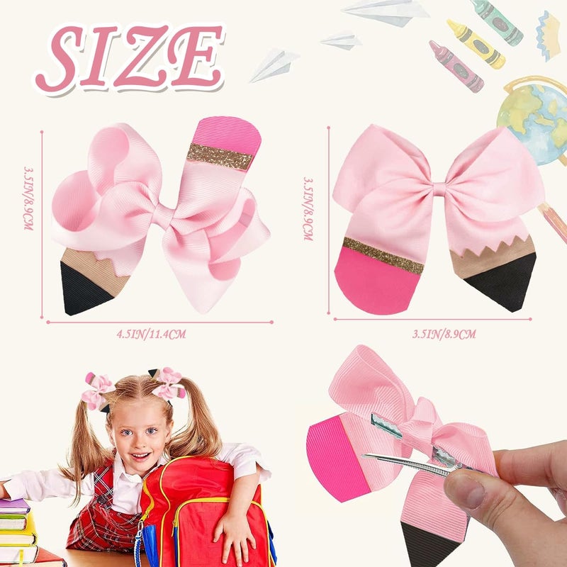 Aaiffey 4 Pcs Back to School Hair Bows Clips for Girls Students Toddlers Pencil Style Hair Accessories Pink Set - Image 3