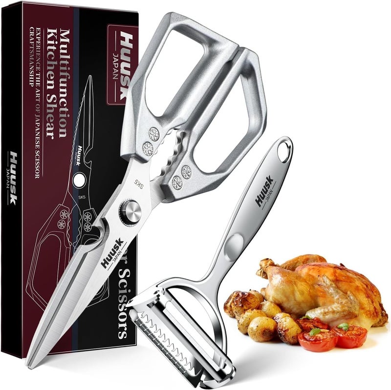 Huusk Kitchen Scissors and Vegetable Peeler Set - Silver Stainless Steel Cooking Kitchen Shears for Food with Serrated Peeler, Heavy Duty Japanese Dishwasher Safe Meat Scissors, Christmas Gift for Men - Image 1
