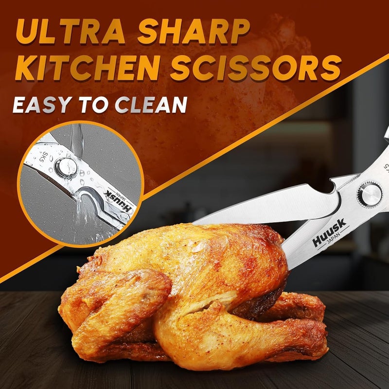 Huusk Kitchen Scissors and Vegetable Peeler Set - Silver Stainless Steel Cooking Kitchen Shears for Food with Serrated Peeler, Heavy Duty Japanese Dishwasher Safe Meat Scissors, Christmas Gift for Men - Image 2
