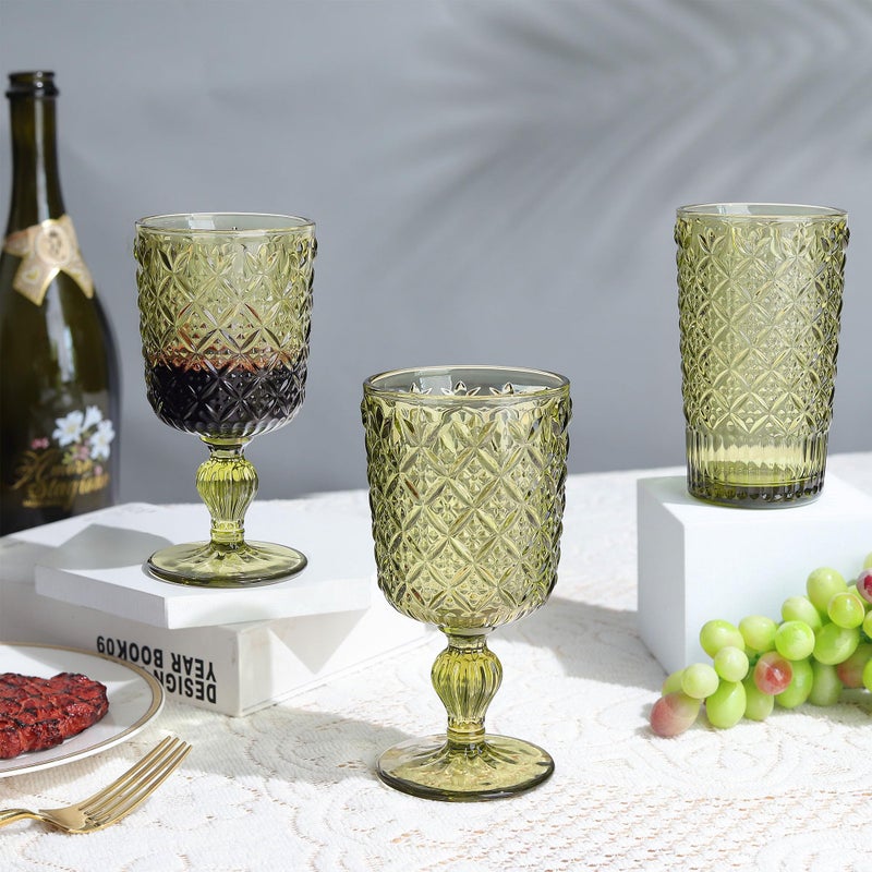 Joeyan Green Vintage Drinking Glasses,Embossed Water Glass Cups,Colored Decorative Glass Tumblers,Elegant Glassware Cups for Beverages Juice Cocktail Beer,11 oz,Set of 6,Dishwasher Safe - Image 4