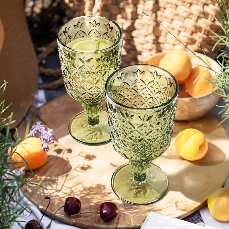 Joeyan Green Vintage Drinking Glasses,Embossed Water Glass Cups,Colored Decorative Glass Tumblers,Elegant Glassware Cups for Beverages Juice Cocktail Beer,11 oz,Set of 6,Dishwasher Safe - Image 2