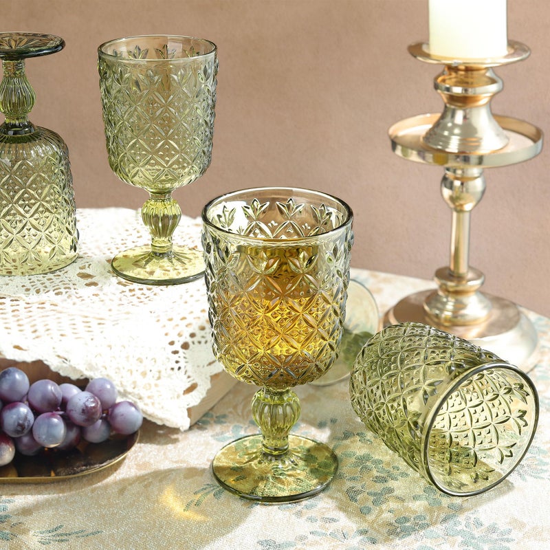 Joeyan Green Vintage Drinking Glasses,Embossed Water Glass Cups,Colored Decorative Glass Tumblers,Elegant Glassware Cups for Beverages Juice Cocktail Beer,11 oz,Set of 6,Dishwasher Safe - Image 5