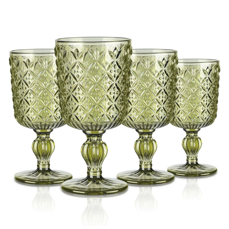 Joeyan Green Vintage Drinking Glasses,Embossed Water Glass Cups,Colored Decorative Glass Tumblers,Elegant Glassware Cups for Beverages Juice Cocktail Beer,11 oz,Set of 6,Dishwasher Safe - Image 1