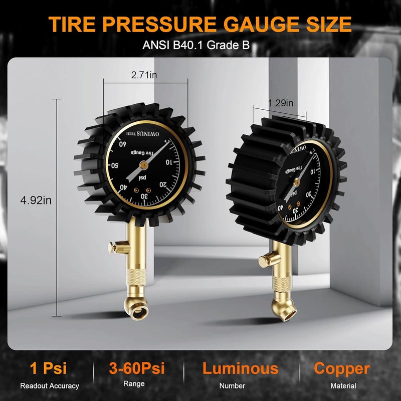 OWINUSTECH Tire Pressure Gauge,3-60 PSI Tire Gauges for Tire Pressure 2" Glowing Dial Air Pressure Gauge for Tires,Tire Pressure Gauge for Cars,Car Gifts Car Stuff for Men,Car Guys. - Image 2