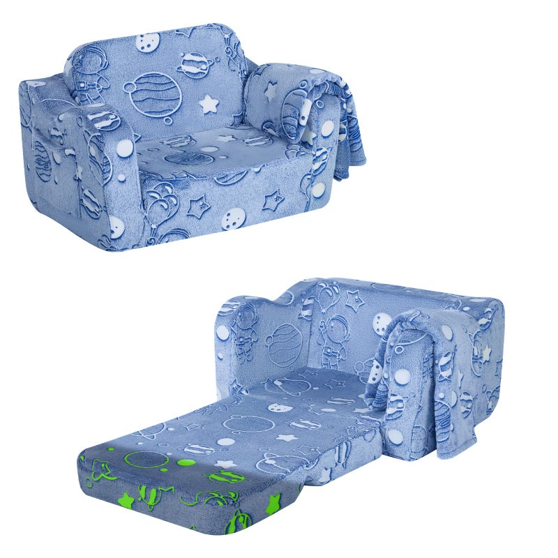أريكة أطفال ميموركول قابلة للطي، كرسي ناعم من الفرو للأطفال، أريكة صغيرة قابلة للطي للأطفال، أريكة مضيئة في الظلام، كرسي مريح للأطفال للبنات والأولاد، أزرق رائد فضاء