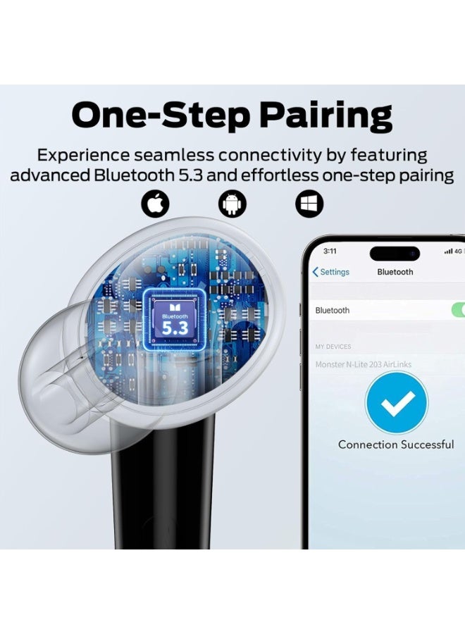 Monster N-Lite 203 AirLinks headphones, which support battery life of up to 30 hours, Bluetooth 5.3, Bluetooth wireless headphones, high definition calls, wireless stereo, waterproof IPX6. - Image 3