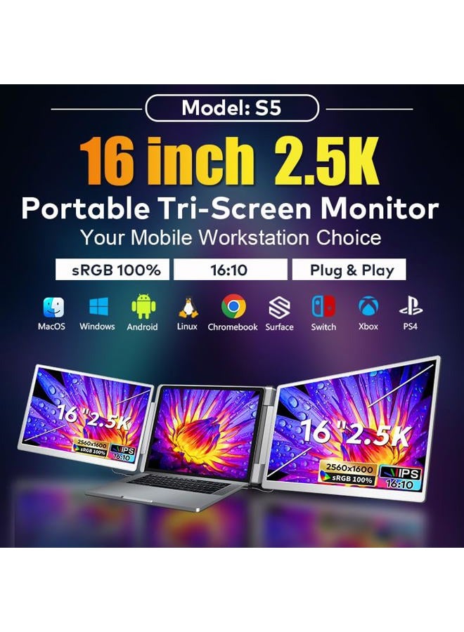 Smartlinx 16" Laptop Screen Extender Triple Display - 2560x1600P QHD Portable Monitor, USB C Detachable Plug & Play Extender for 12" -17" Laptops - Compatible with Windows/Android/PS4/MacBook - Image 3