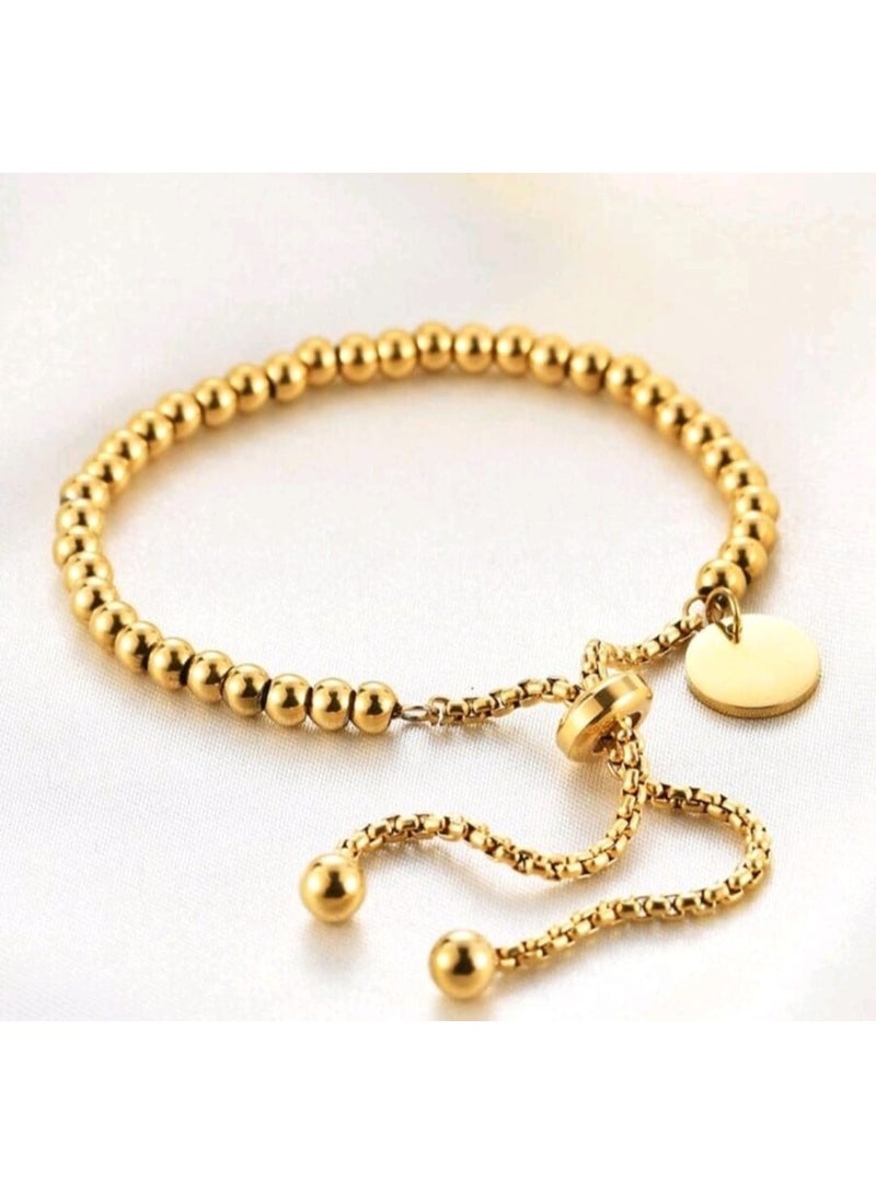 Shein 1pc Simple & Fashionable Stainless Steel Plated Round Pendant Adjustable Beaded Bracelet - Image 1