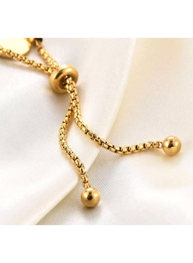 Shein 1pc Simple & Fashionable Stainless Steel Plated Round Pendant Adjustable Beaded Bracelet - Image 2