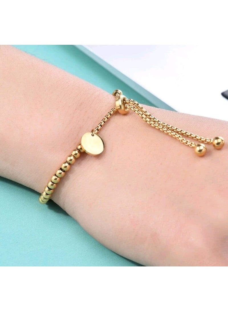 Shein 1pc Simple & Fashionable Stainless Steel Plated Round Pendant Adjustable Beaded Bracelet - Image 3