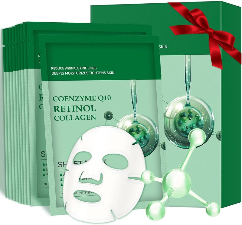 Pack of 10 Collagen Mask Face Masks Skincare Coenzyme Q10 Retinol Collagen Facial Masks Skincare Hydrating Face Beauty Care Masks for Deep Moisturizing