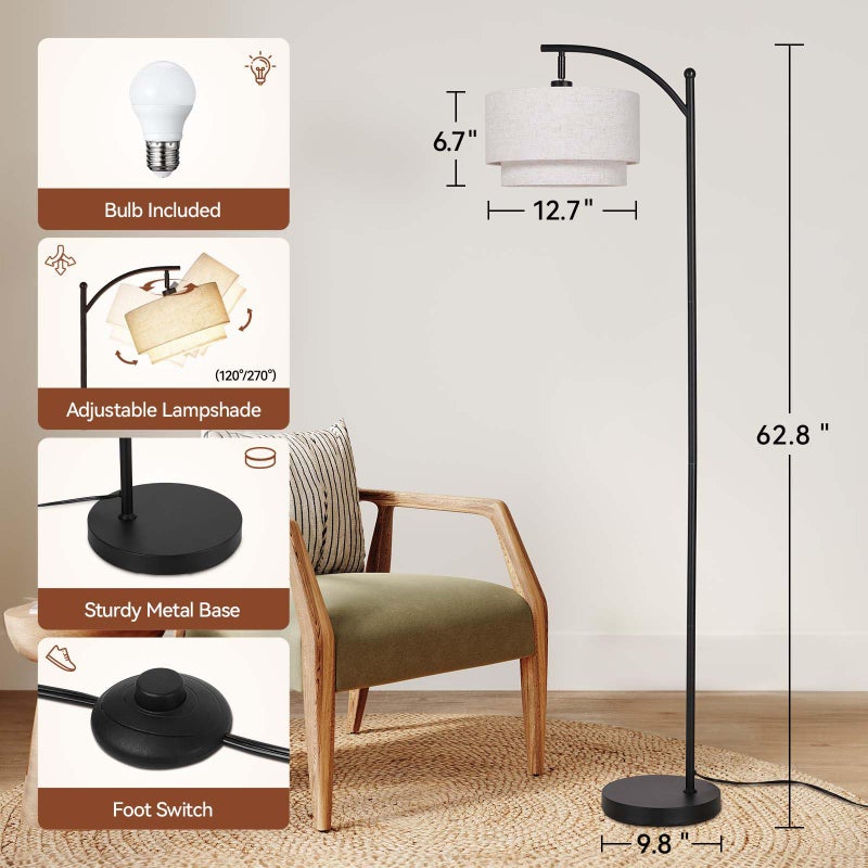 SUNMORY Floor Lamps for Living Room with 12W LED Bulb, Arc Floor Lamp with 3 Color Temperatures, Modern Floor Lamps with Adjustable Double Fabric Shades, Tall Standing Lamp for Bedroom, Corner - Image 3
