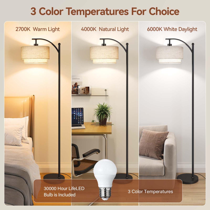 SUNMORY Floor Lamps for Living Room with 12W LED Bulb, Arc Floor Lamp with 3 Color Temperatures, Modern Floor Lamps with Adjustable Double Fabric Shades, Tall Standing Lamp for Bedroom, Corner - Image 2