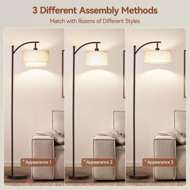 SUNMORY Floor Lamps for Living Room with 12W LED Bulb, Arc Floor Lamp with 3 Color Temperatures, Modern Floor Lamps with Adjustable Double Fabric Shades, Tall Standing Lamp for Bedroom, Corner - Image 4