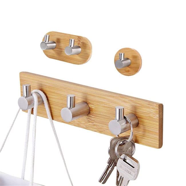 Eletree Wooden Wall Hooks Stainless Steel Self Adhesive Wall Towel Hooks Wooden Single Hook pegs for Hanging Hat Towel Robe Bag Coat Belt Keys Headset L Shape Pack of 1 C Three Hook - Image 4