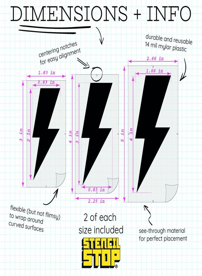 Stencil Stop Lightning Bolt Stencil - 6 Pack (2", 3", and 4", 2 Each) inches - Reusable Stencils for Painting on Wood, Walls, Fabric & Rocks - Durable 14 Mil Mylar Plastic for DIY Craft Projects - Image 2