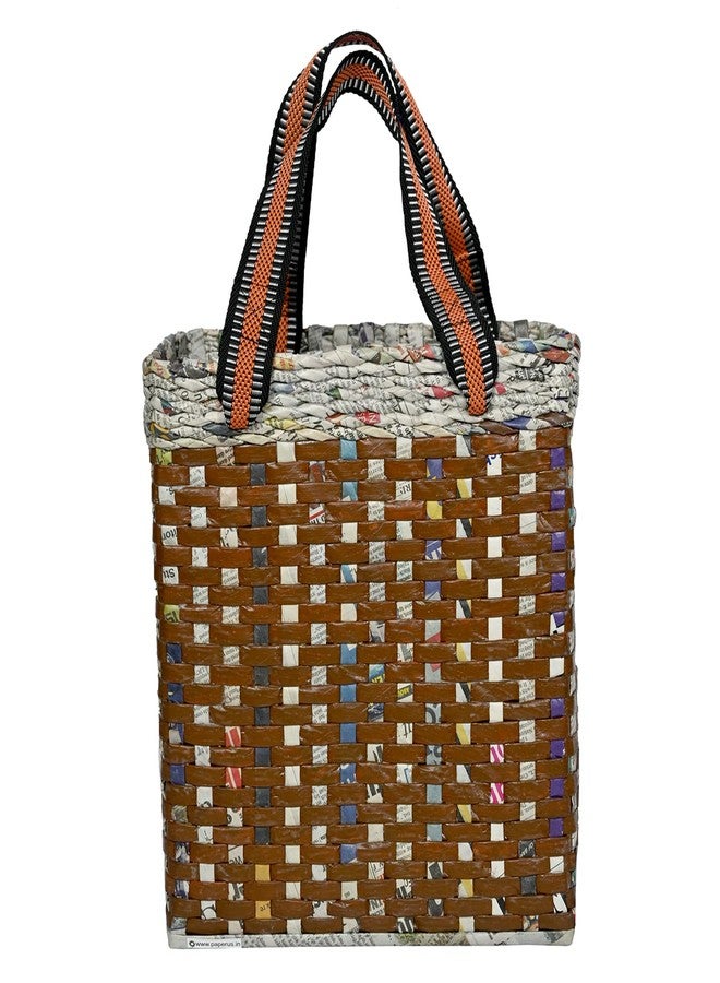 Sonas Creation PAPERUS Re-usable Small Brown Check Carry Bag | Shopping Bag | Handbag | Tiffin Basket | Lunch Bag, Eco-Friendly Handmade of Paper Ropes 11 in Tall 10 in Length 5 in Wide Base - Image 1