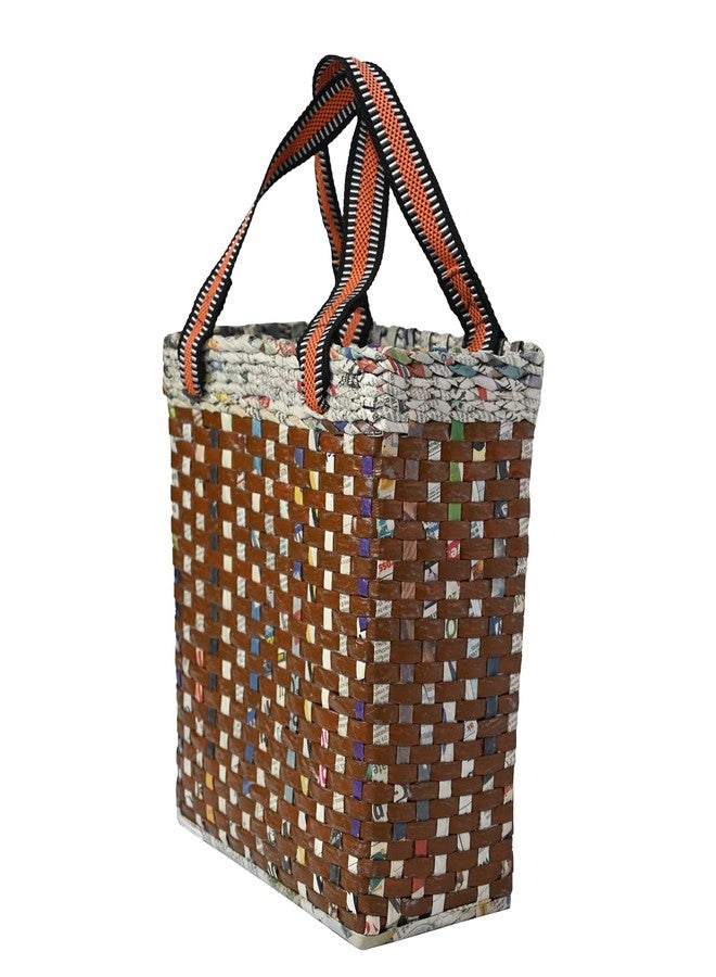 Sonas Creation PAPERUS Re-usable Small Brown Check Carry Bag | Shopping Bag | Handbag | Tiffin Basket | Lunch Bag, Eco-Friendly Handmade of Paper Ropes 11 in Tall 10 in Length 5 in Wide Base - Image 3
