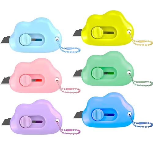 Muclip Cloud Shaped Retractable Box Cutter Set - 6 Pack with Key Rings,Stainless Steel Blade,Safe & Portable Letter Opener for Envelopes,Package,Mail,DIY,Paper Cutter for Home,Office,Outdoor (6 Color) - Image 1