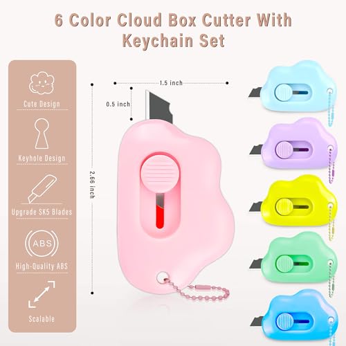 Muclip Cloud Shaped Retractable Box Cutter Set - 6 Pack with Key Rings,Stainless Steel Blade,Safe & Portable Letter Opener for Envelopes,Package,Mail,DIY,Paper Cutter for Home,Office,Outdoor (6 Color) - Image 2