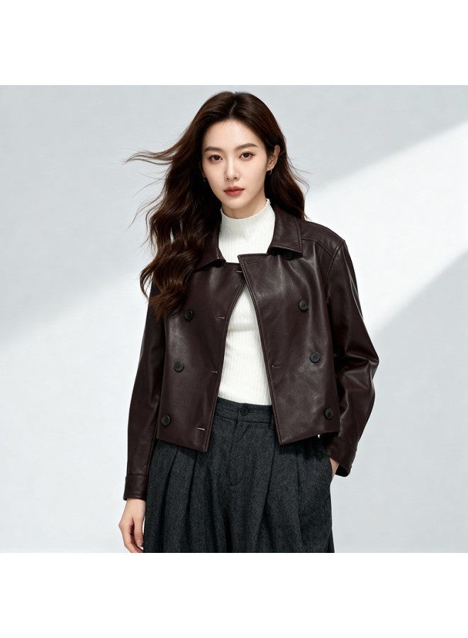 Fapai Autumn Casual Fashion Maillard Slimming Lapel Women's Leather Jacket Genuine Leather Jacket For Women - Image 3