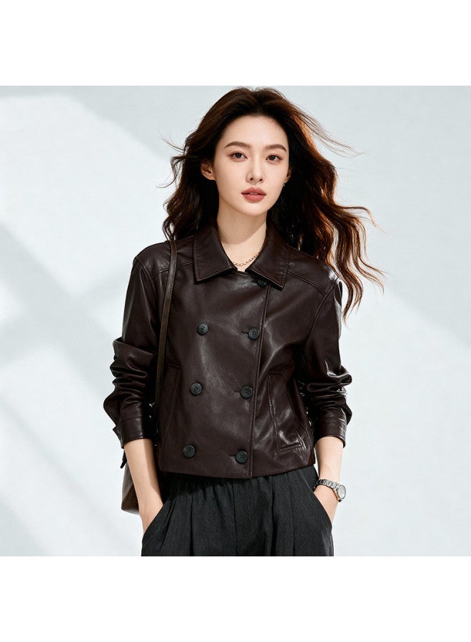 Fapai Autumn Casual Fashion Maillard Slimming Lapel Women's Leather Jacket Genuine Leather Jacket For Women - Image 4