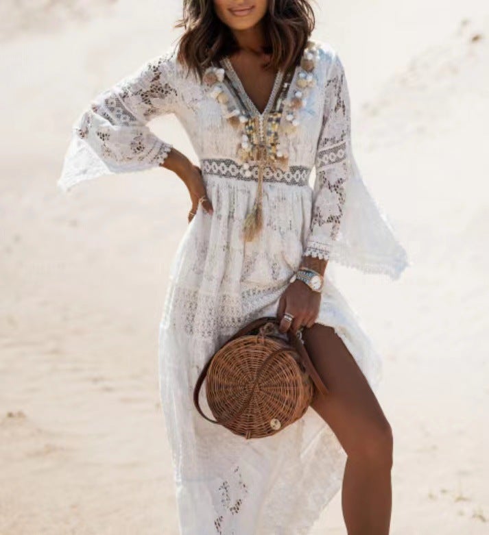 2024 Summer New Arrival Lace Spliced Fringed Bell Sleeves High Waist Hoop Skirt Q336 European And American Cross-Border Style White