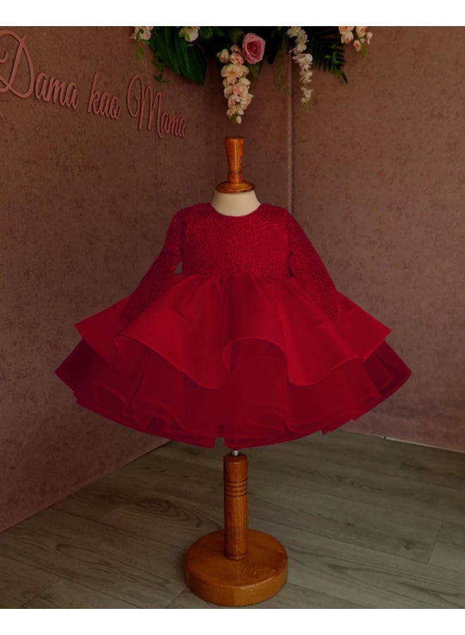 European And American Style Girls' Sequin Mesh Long-sleeve Tutu Dress Princess Puffy Dress First Birthday Performance Costume