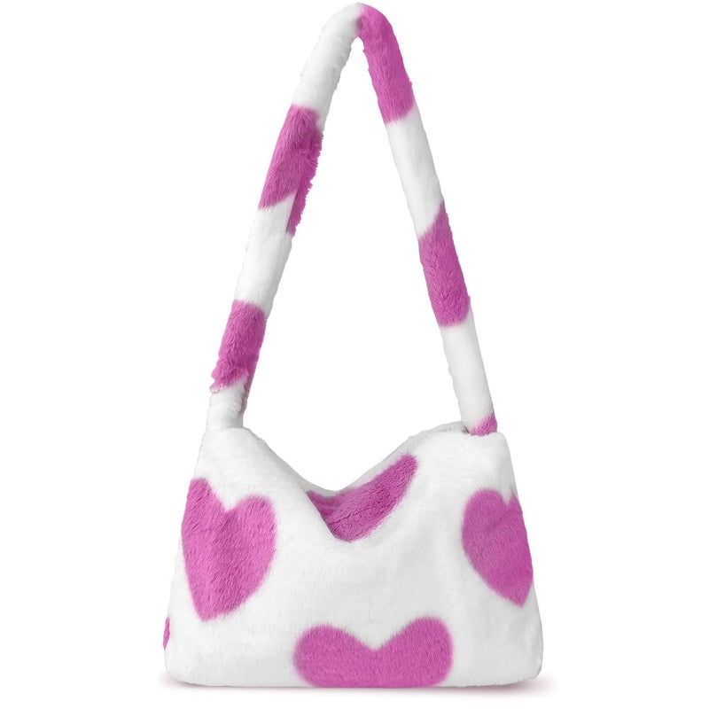 KPX Fuzzy Tote Bag Y2K Fluffy Shoulder Bag Women Furry Purse Large Cute Plush Bag Ladies Faux Fur Bag for Autumn and Winter (Pink Heart) - Image 1