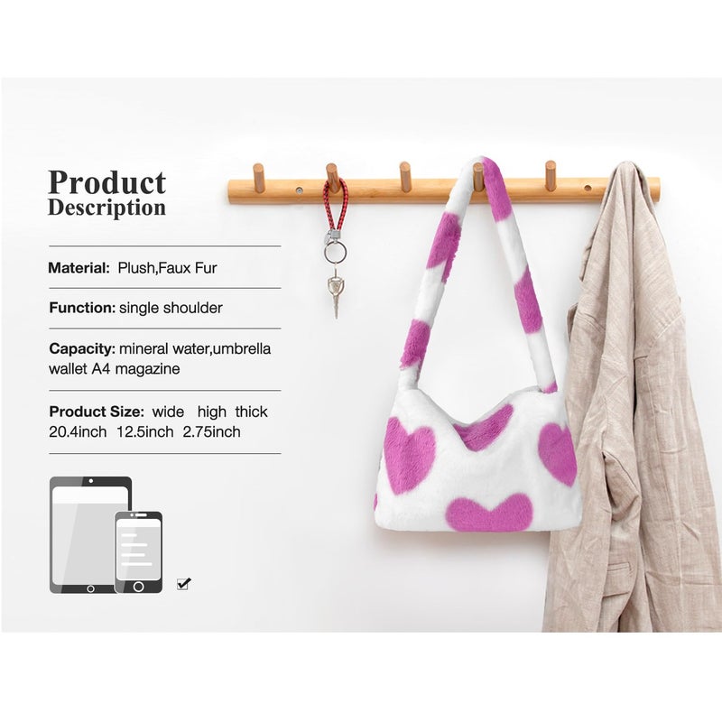 KPX Fuzzy Tote Bag Y2K Fluffy Shoulder Bag Women Furry Purse Large Cute Plush Bag Ladies Faux Fur Bag for Autumn and Winter (Pink Heart) - Image 3