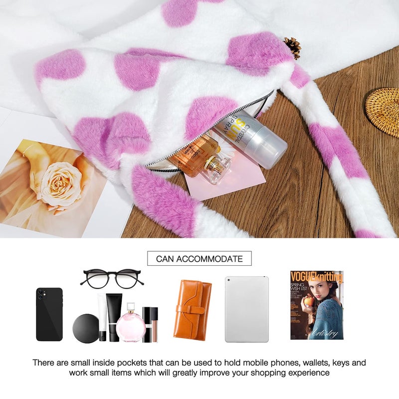 KPX Fuzzy Tote Bag Y2K Fluffy Shoulder Bag Women Furry Purse Large Cute Plush Bag Ladies Faux Fur Bag for Autumn and Winter (Pink Heart) - Image 4