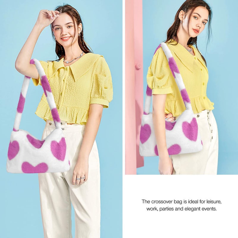 KPX Fuzzy Tote Bag Y2K Fluffy Shoulder Bag Women Furry Purse Large Cute Plush Bag Ladies Faux Fur Bag for Autumn and Winter (Pink Heart) - Image 2