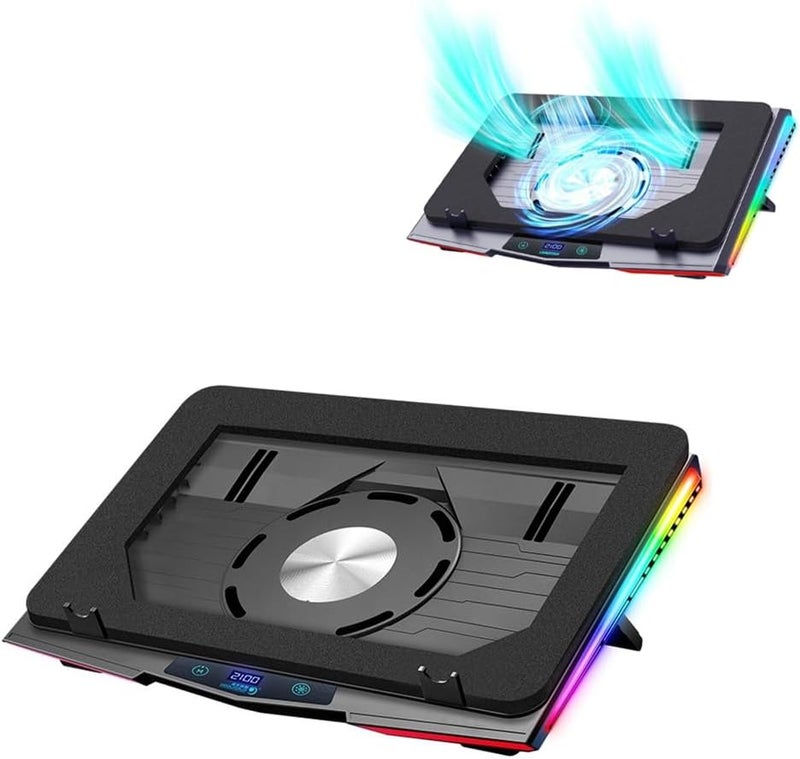 Exrp وسادة تبريد لأجهزة الكمبيوتر المحمولة للألعاب، مبرد كمبيوتر محمول RGB مع 3 مراوح توربو قوية، حامل تبريد كمبيوتر محمول قابل لضبط الارتفاع بأربعة مستويات، تحكم باللمس في سرعة المروحة بخمس سرعات، رغوة ذاكرة محكمة الغلق لتبريد أجهزة الكمبيوتر المحمولة مقاس 12-19.3 بوصة - Image 1