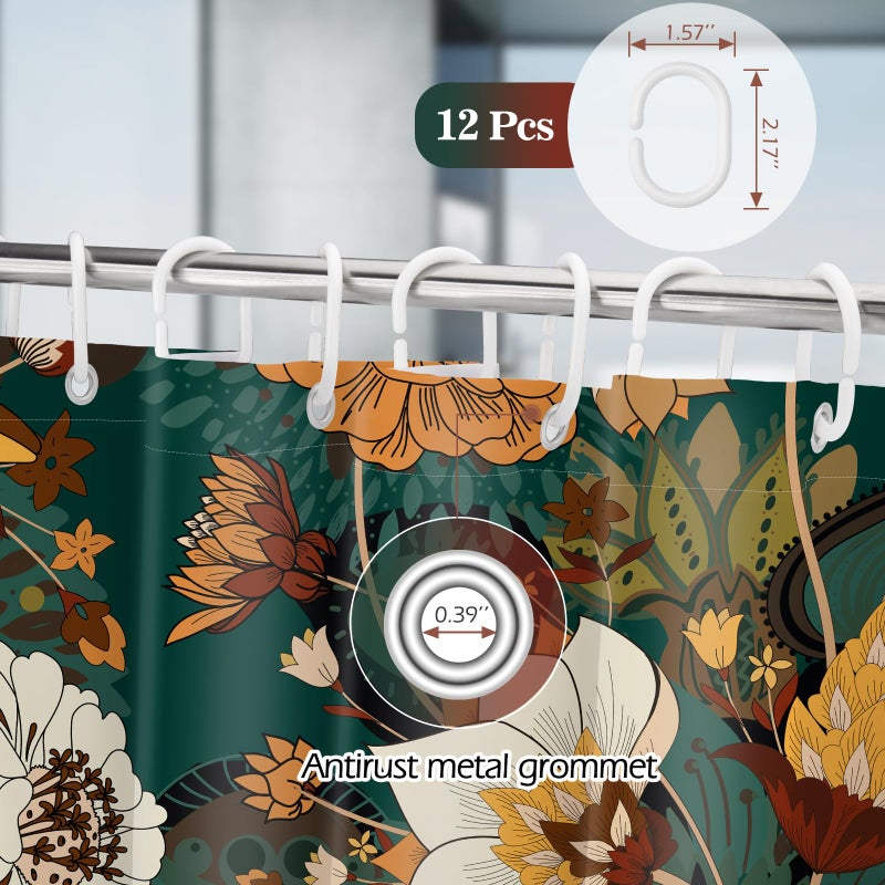 Aimego Boho Floral Shower Curtain - Dark Green Bohemian Chic Flowers Botanical Leaves Bath Shower Curtain Set with 12 Hooks for Adults Bathroom Decor Accessories  72""x72"" - Image 1