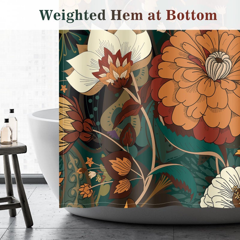 Aimego Boho Floral Shower Curtain - Dark Green Bohemian Chic Flowers Botanical Leaves Bath Shower Curtain Set with 12 Hooks for Adults Bathroom Decor Accessories  72""x72"" - Image 3