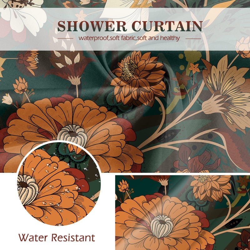 Aimego Boho Floral Shower Curtain - Dark Green Bohemian Chic Flowers Botanical Leaves Bath Shower Curtain Set with 12 Hooks for Adults Bathroom Decor Accessories  72""x72"" - Image 2